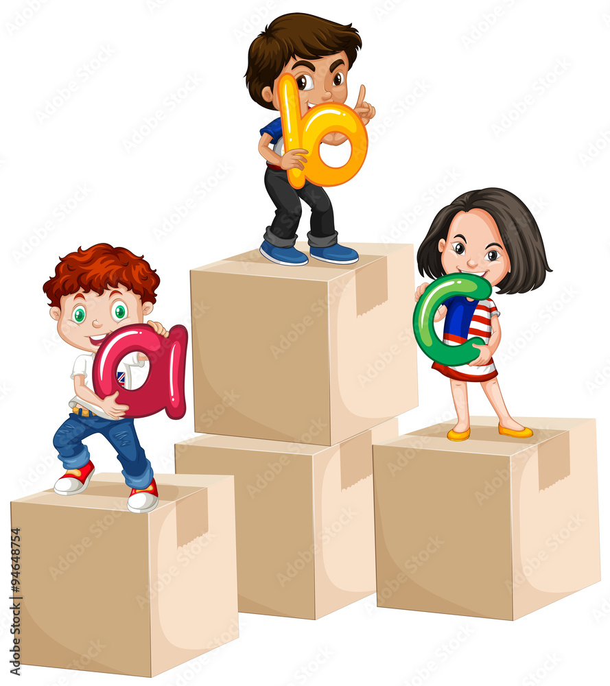 Children holding alphabets on boxes