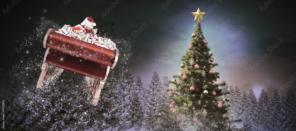 Composite image of santa flying his sleigh