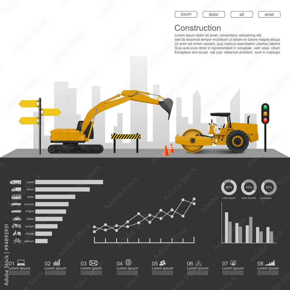 施工机械的施工信息图，矢量