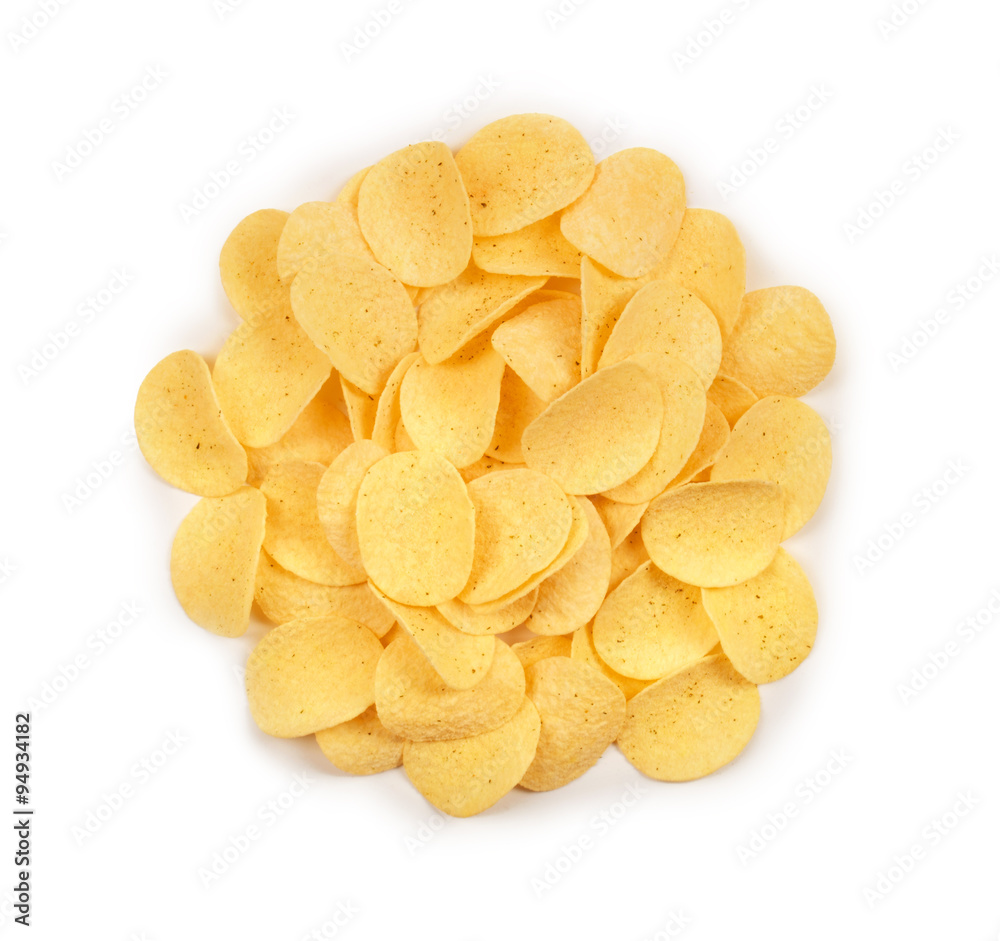 Pile of potato chips isolated on white background