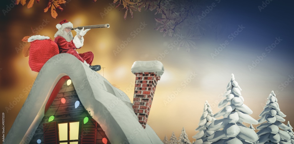 Composite image of santa sitting on roof of cottage