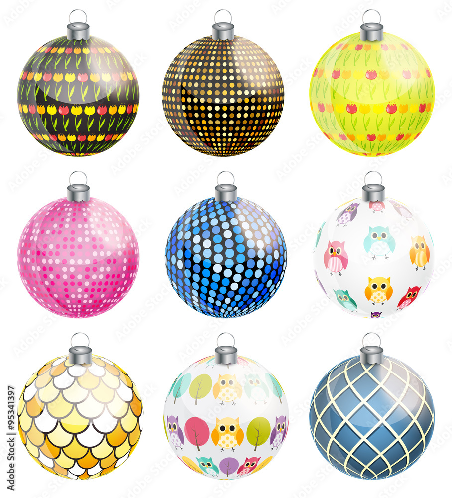 New Year and Christmas Balls Set Vector Illustration