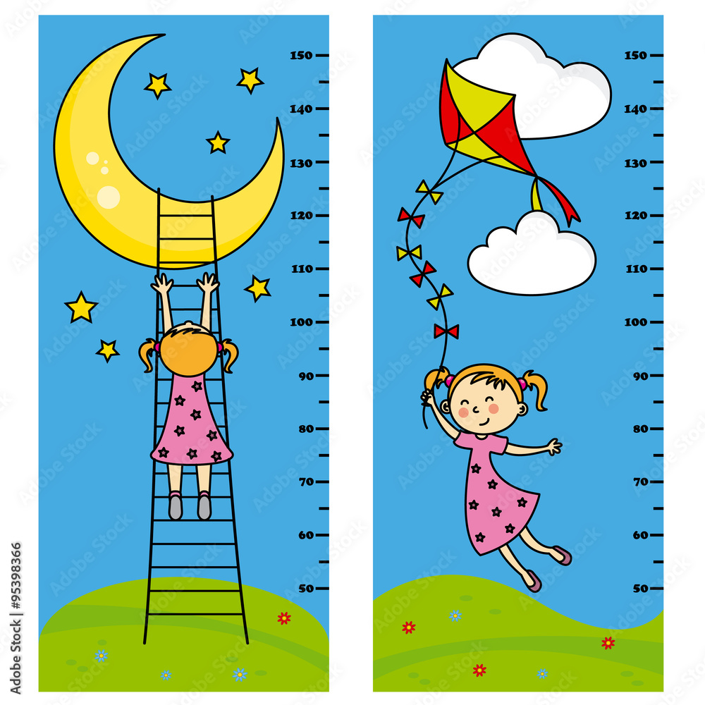 Two bumper girl meter wall. girl wants to reach the moon. girl flying his kite