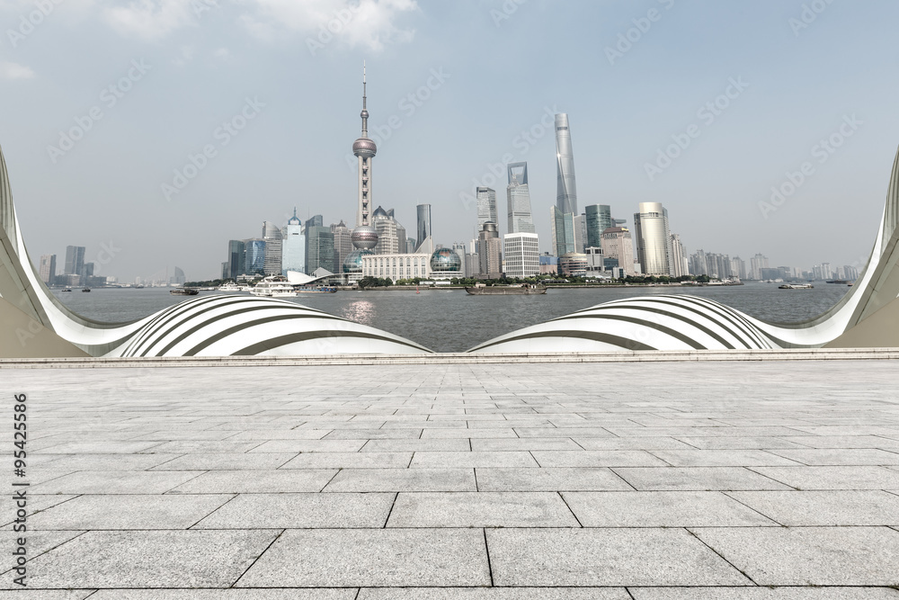 Empty square with skyline and modern buildings， in Shanghai, China