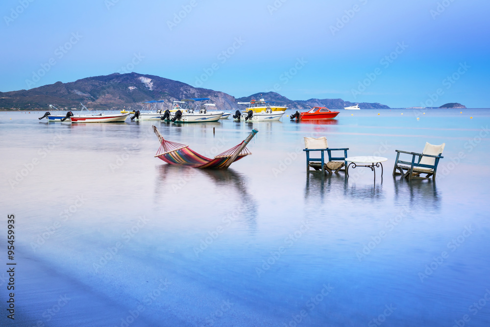 Coastline of Zakynthos island at dusk, Greece