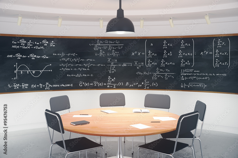 Modern classroom with blackboard with equations and furniture