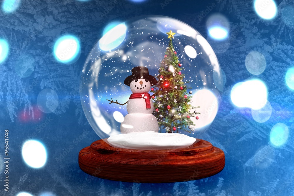 Christmas tree and snowman in snow globe  