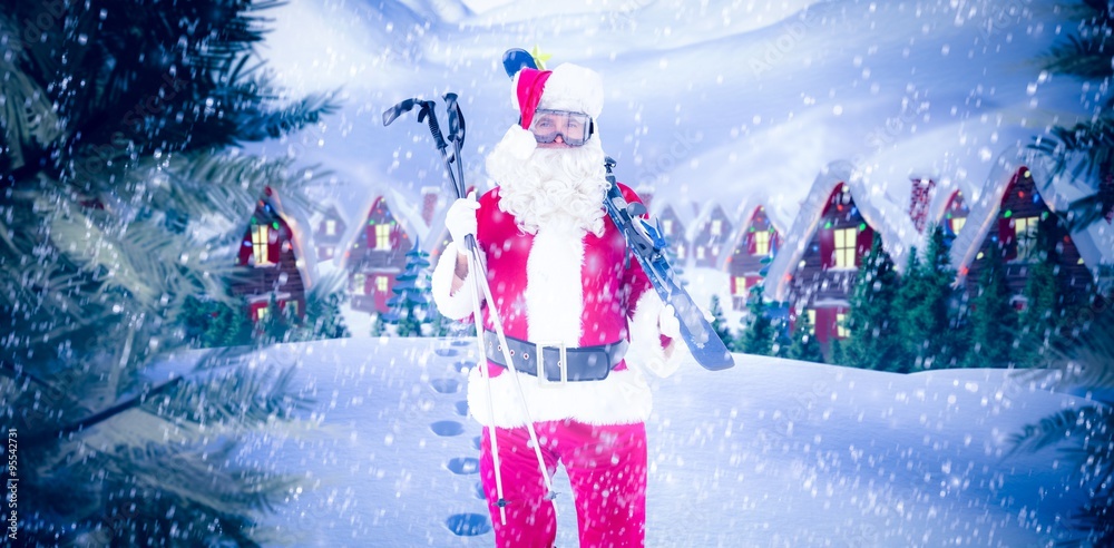 Composite image of santa claus holding ski and ski poles