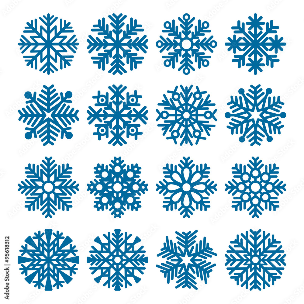 Set of vector fluffy snowflakes isolated on white background. Vector illustration.