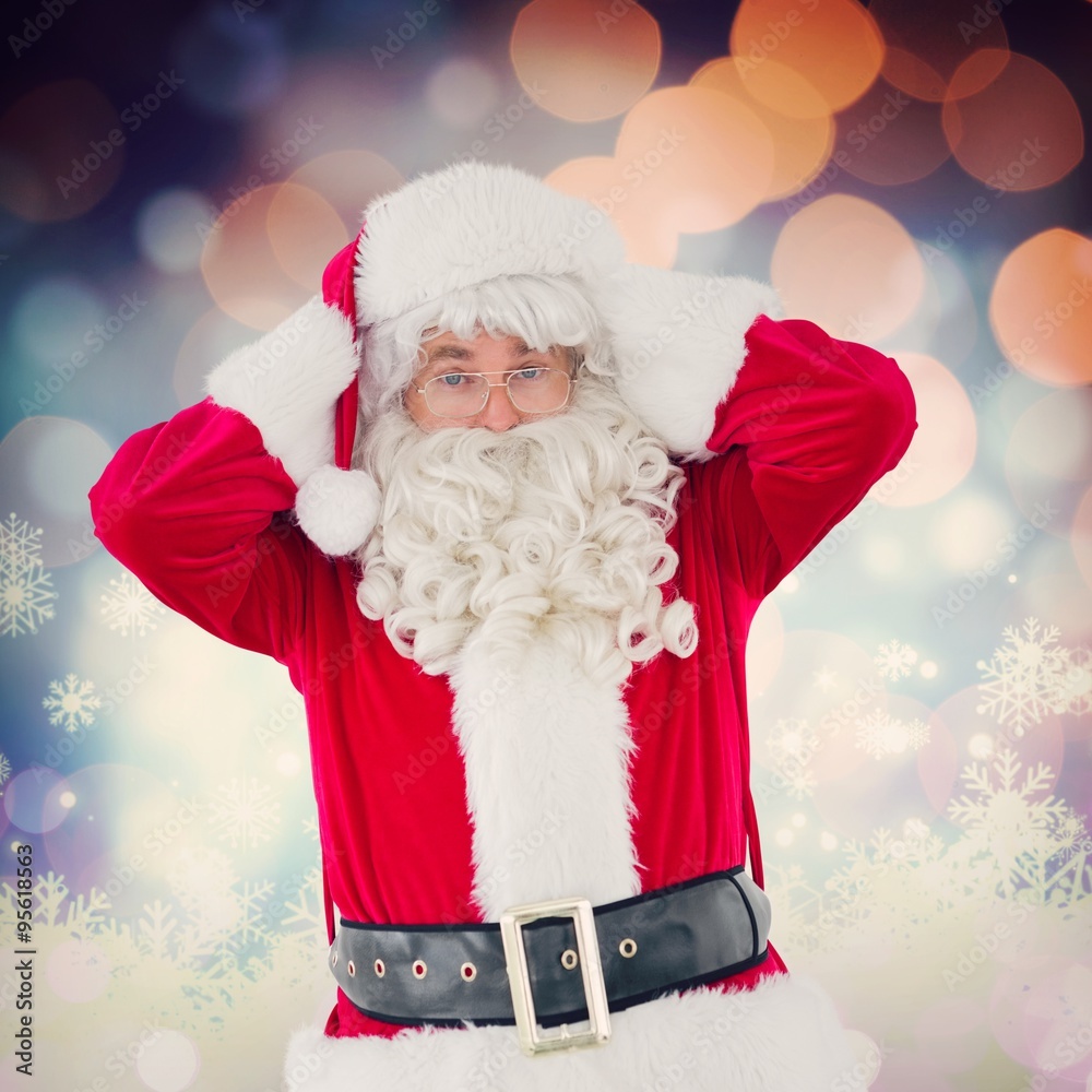 Composite image of stressed santa with his hands on head