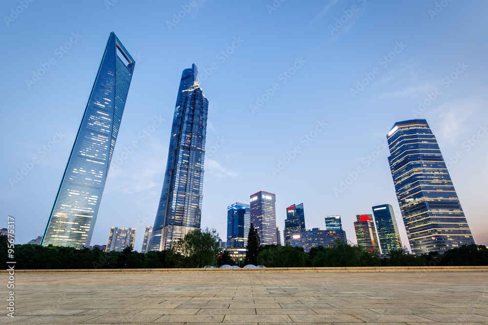 Shanghai Empty square and modern buildings in the evening，China