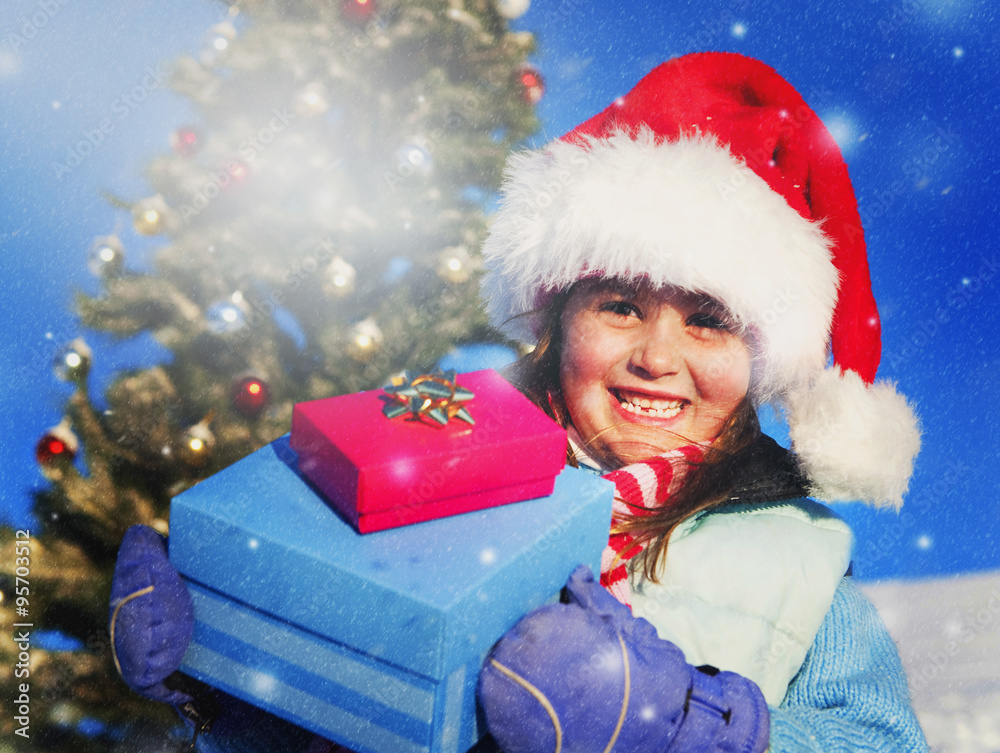 Happy Little Girl Posing Outdoors Present Concept