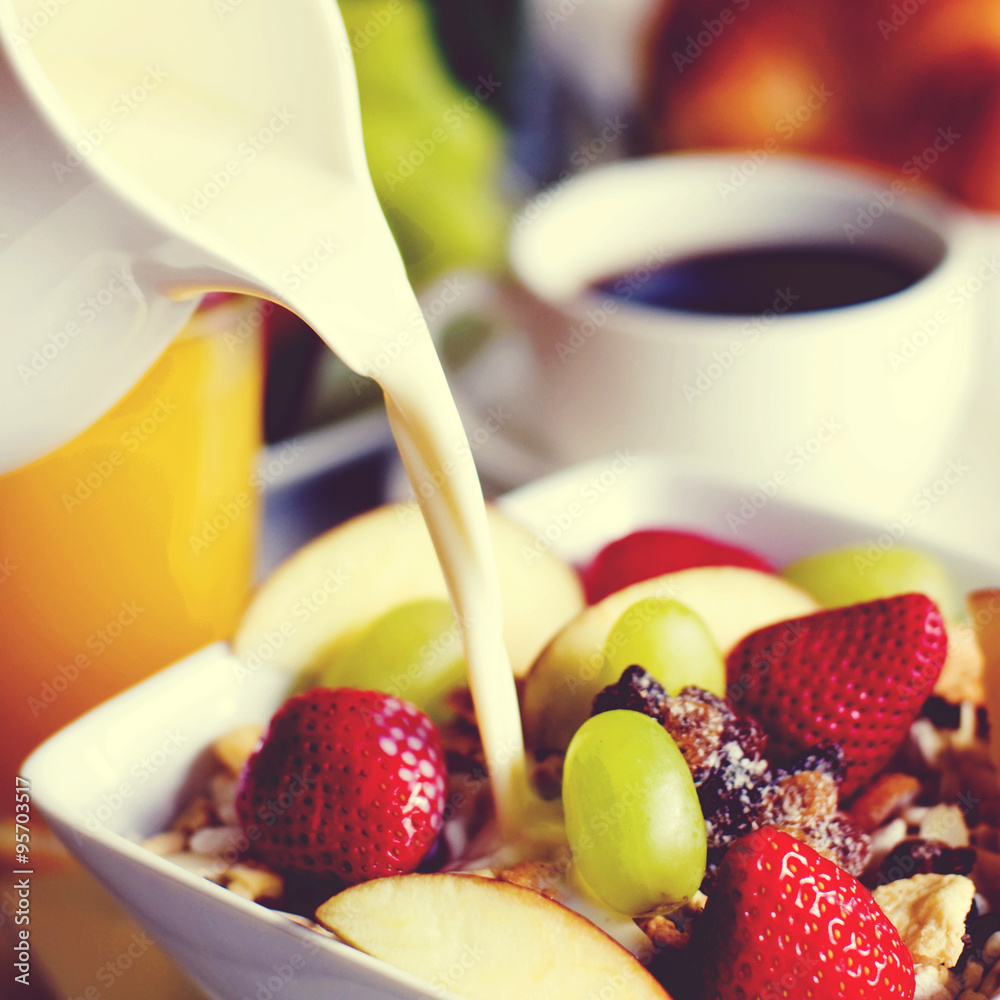 Breakfast Muesli, Black Coffee And Orange Juice Concept