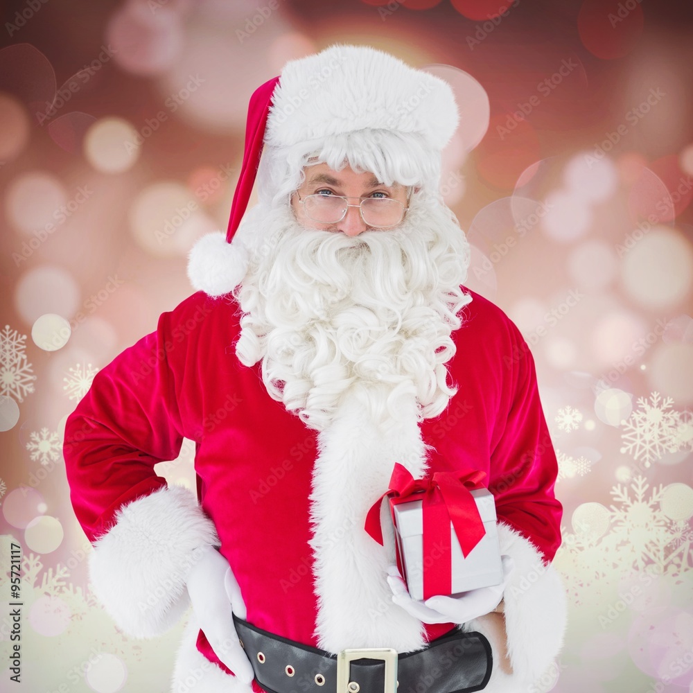 Composite image of happy santa claus holding a gift