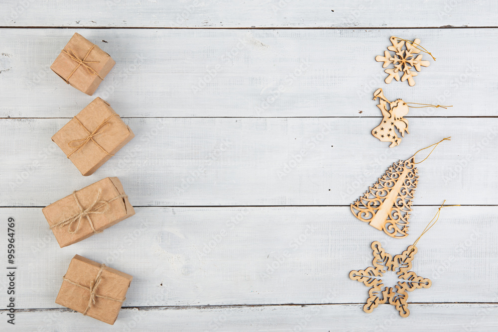 Vintage christmas decoration on wooden table - copy space