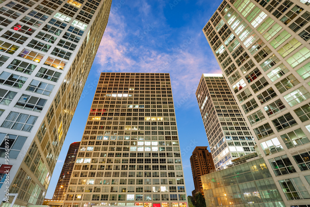 Office buildings scenery in the business city center at dusk