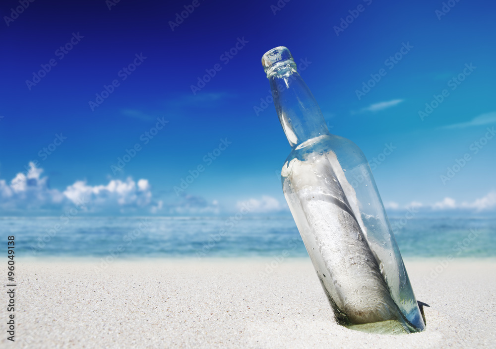 Message in a Bottle on Beach Help Concept