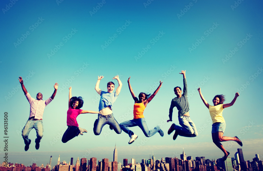 Cheerful People Jumping Friendship Happiness City Concept