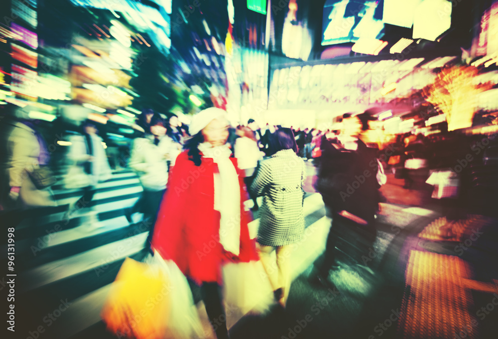 Japanese People Crowd Walking Cross Street Concept