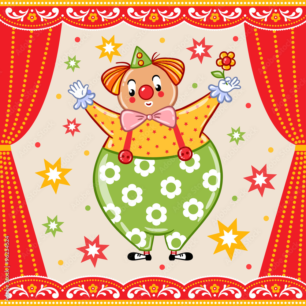 Card, poster or invitation with a circus clown.