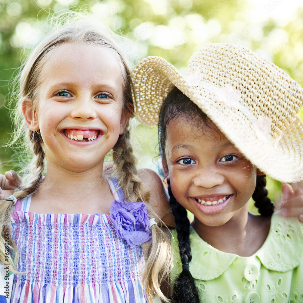 Girls Friends Smiling Summer Holiday Cocnept