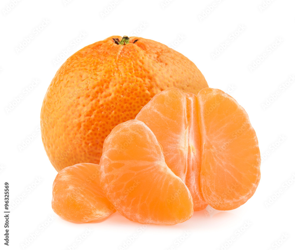 Tangerines with slices isolated on white background