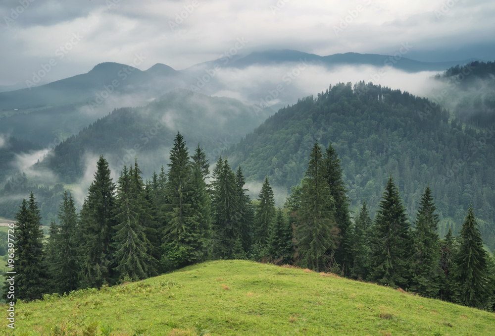 Mountains during rain. Beautiful natural landscape in the summer time