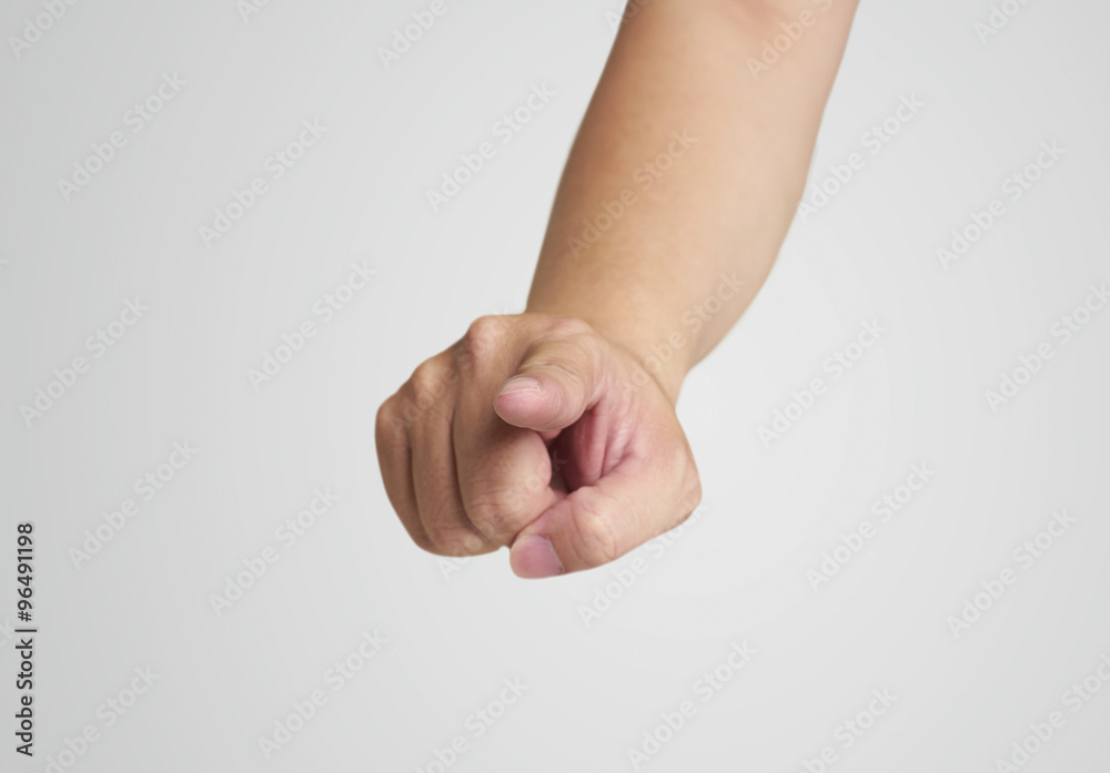 Close-up Of Human Hand Pointing Over White Background, with clipping path