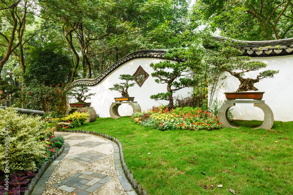 The beauty of the Chinese traditional gardens and green bonsai plants