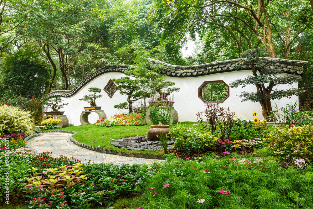 The beauty of the Chinese traditional gardens and green bonsai plants