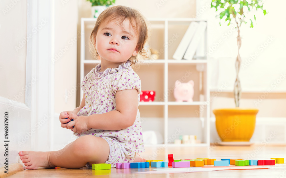 Happy toddler girl playing with her toys