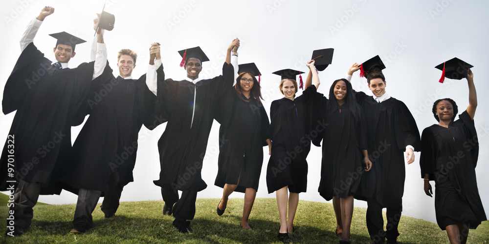 Group Students Hands Raised Graduation Concept