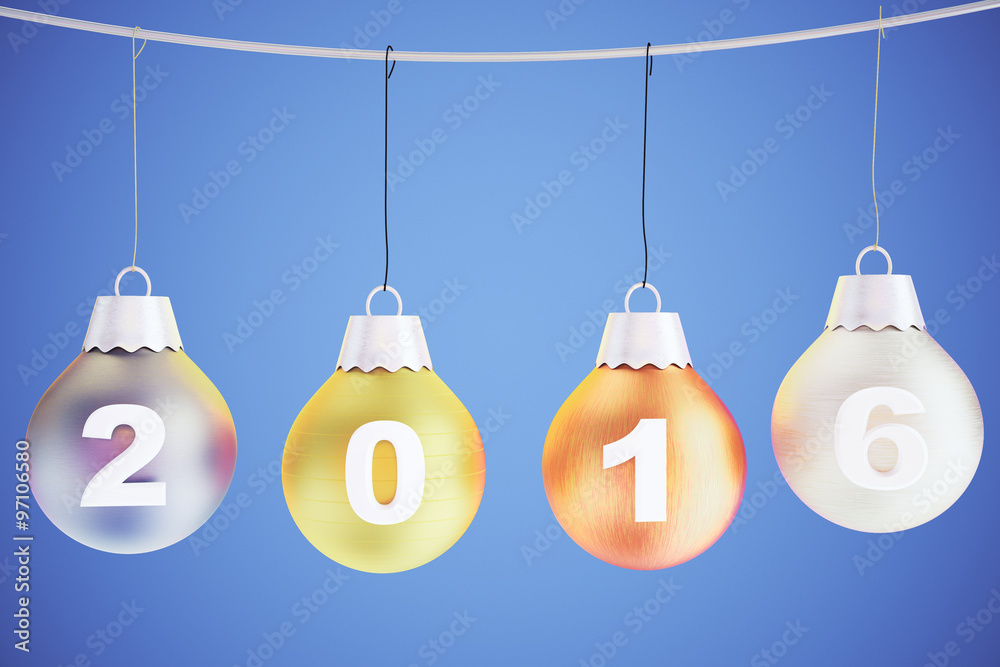 2016 year concept with christmas tree balls on the rope