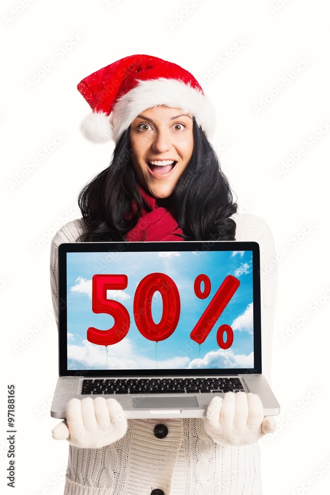 Composite image of smiling woman holding a laptop