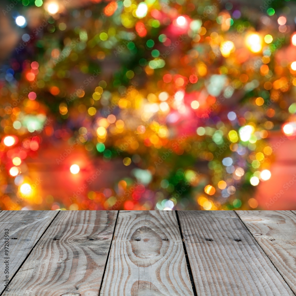 Old wood floor on Bokeh from chrismas tree ,beautiful color for