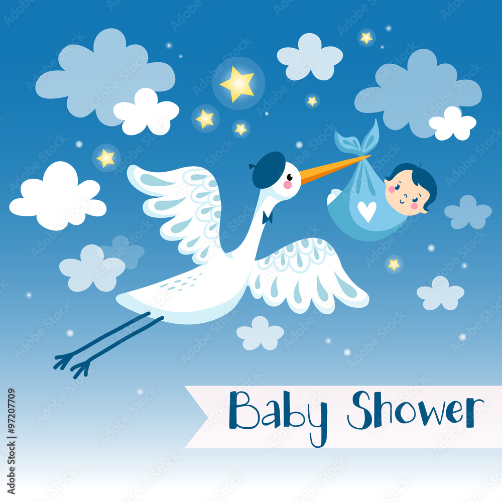 Baby boy shower invitation card with stork.