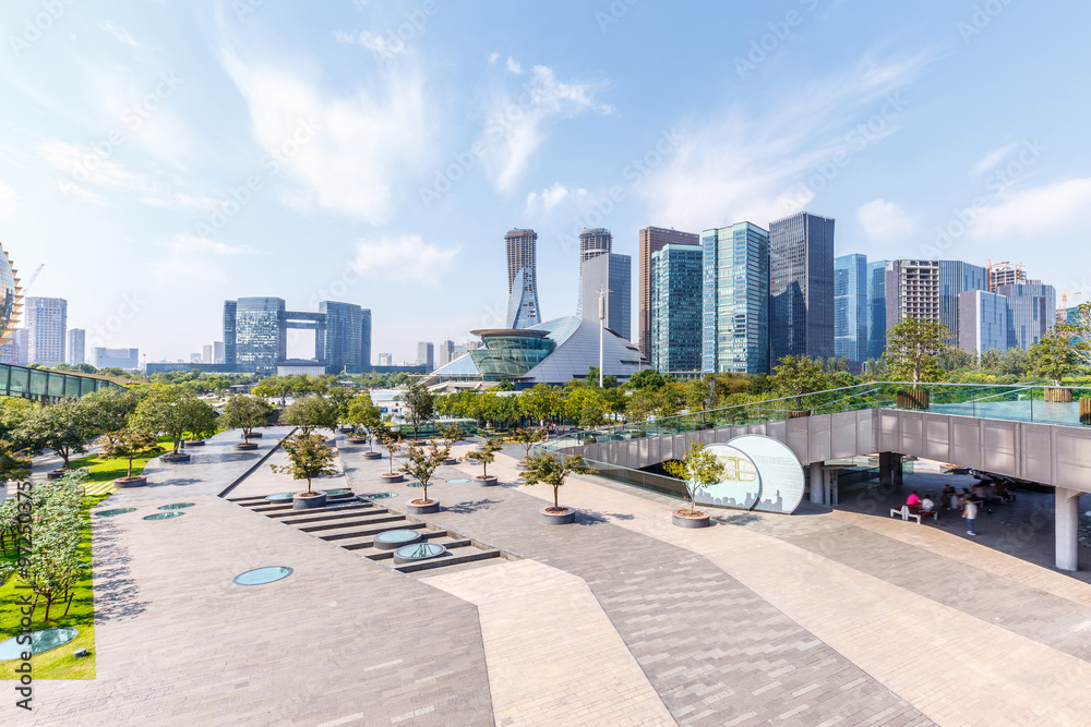 skyline and landscape of empty square and moder buildings