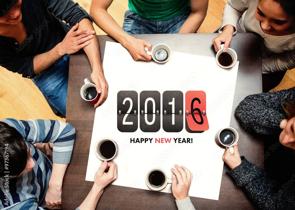 Composite image of people sitting around table drinking coffee