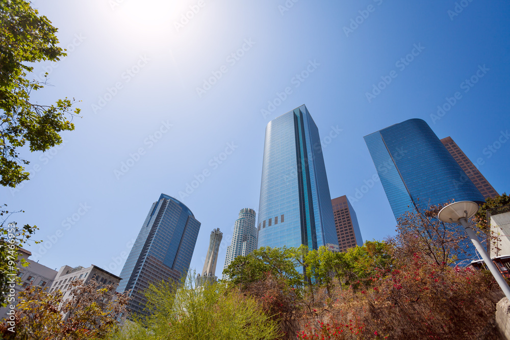 View from below of skyscrapers in downtown, LA