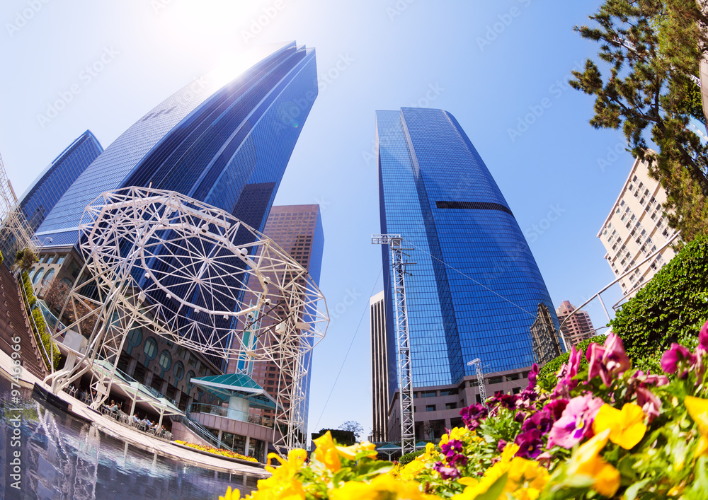 View from below of skyscrapers in LA downtown