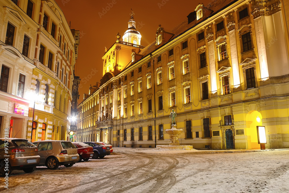 night lights of the city on Christmas night in Wroclaw