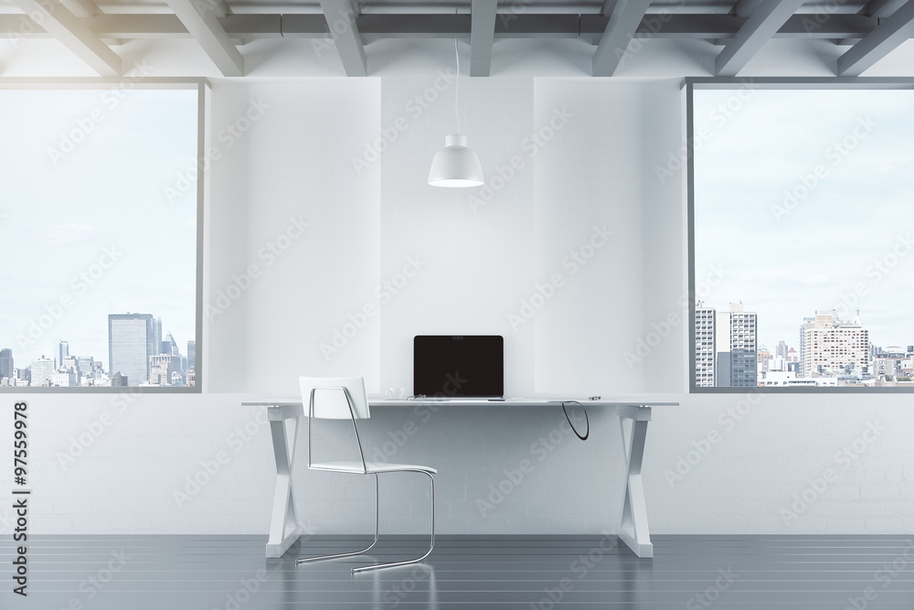 Empty white interior with table, chair, brick wall and windows,