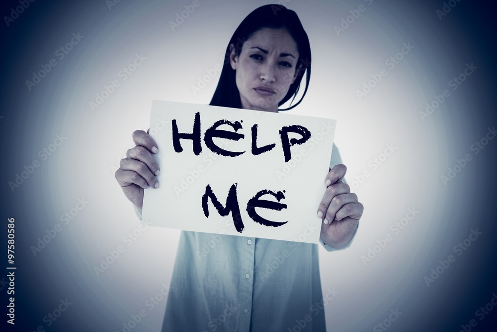 Composite image of sad woman showing sign