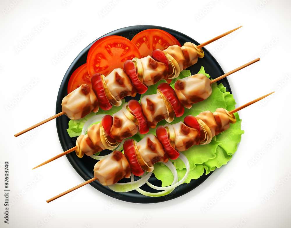 Shish kebab on a plate, vector icon