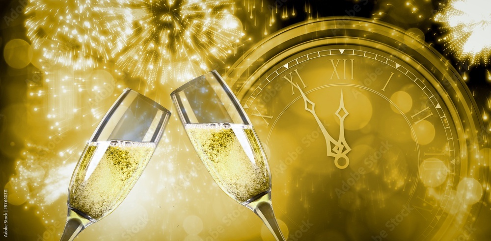 Composite image of champagne glasses clinking