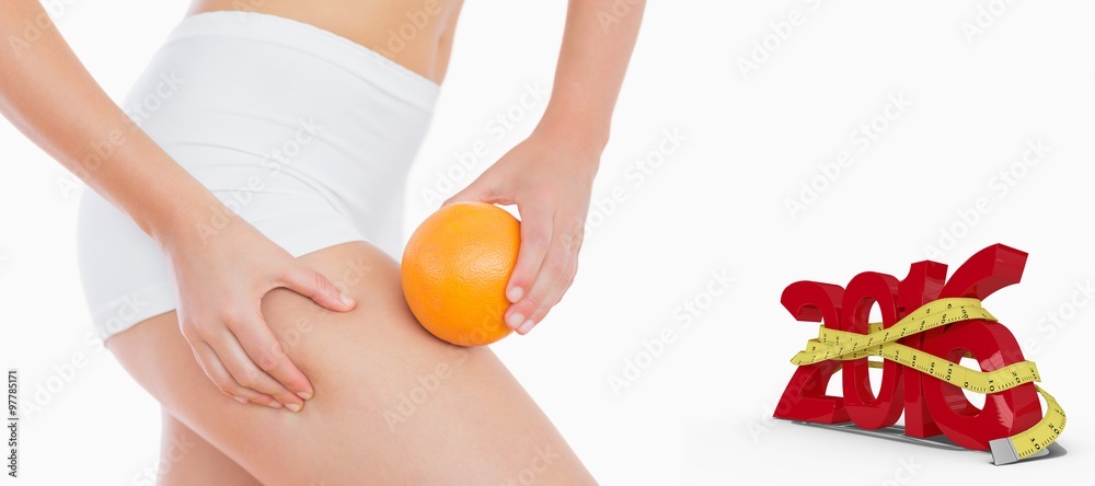 Composite image of woman squeezing fat on thigh 