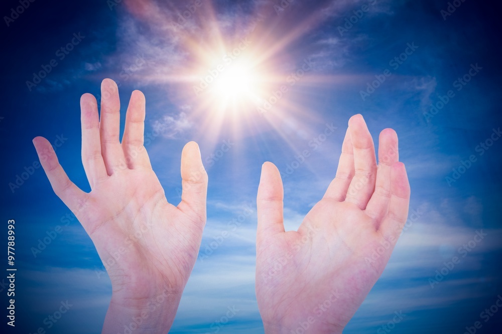 Composite image of woman presenting with her hands