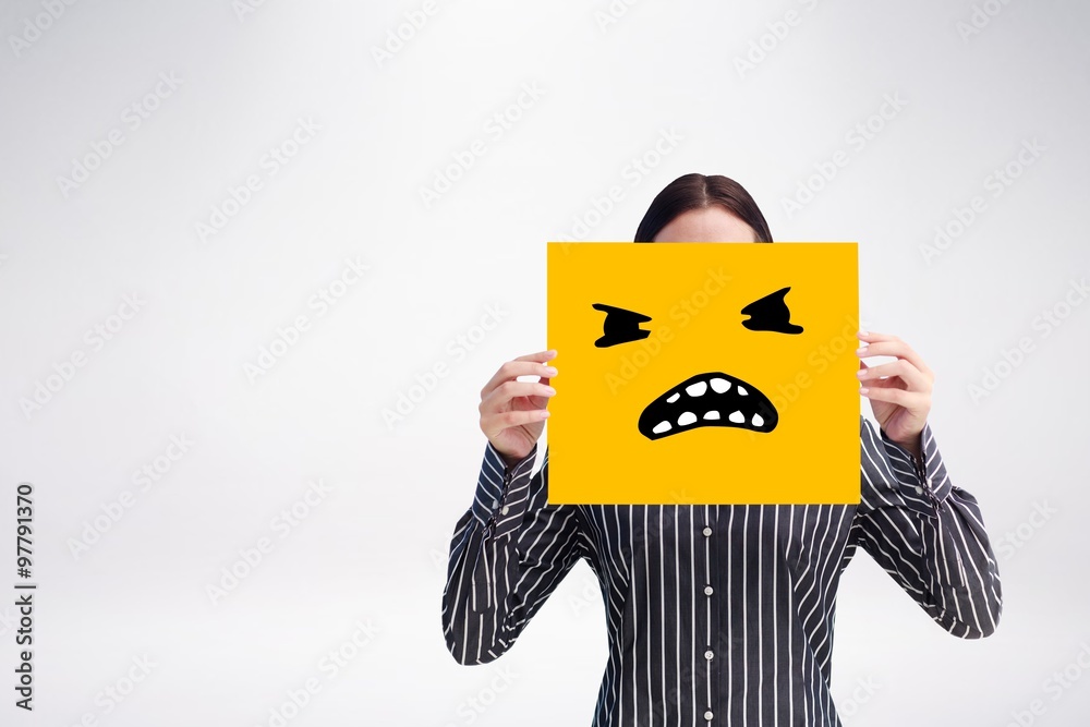 Composite image of smiling woman showing a big business card