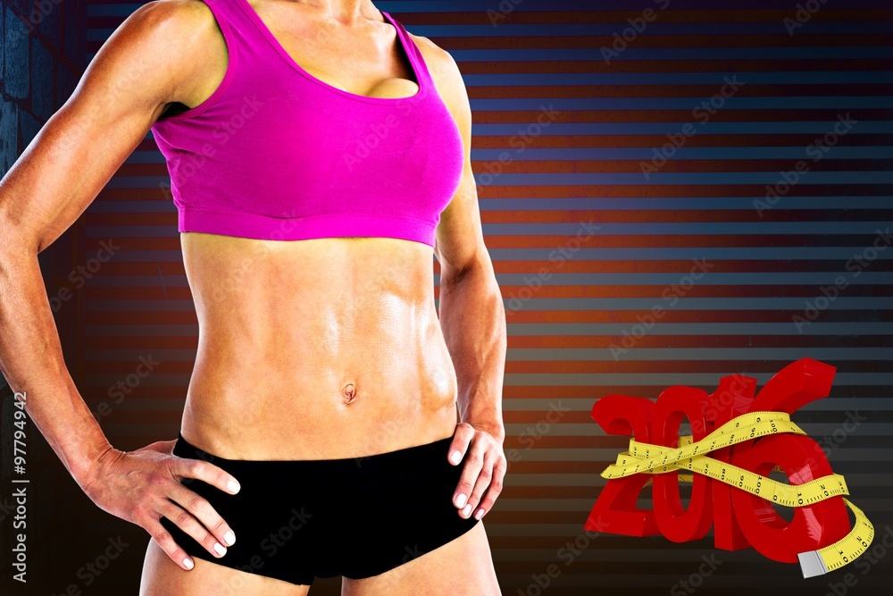 Composite image of female bodybuilder posing with hands on hips 