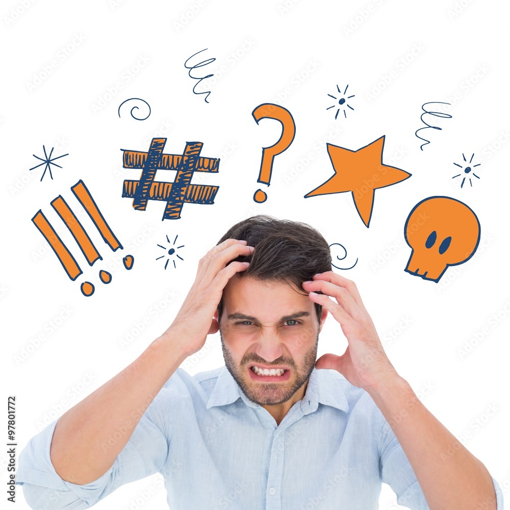 Composite image of stressed man looking at camera